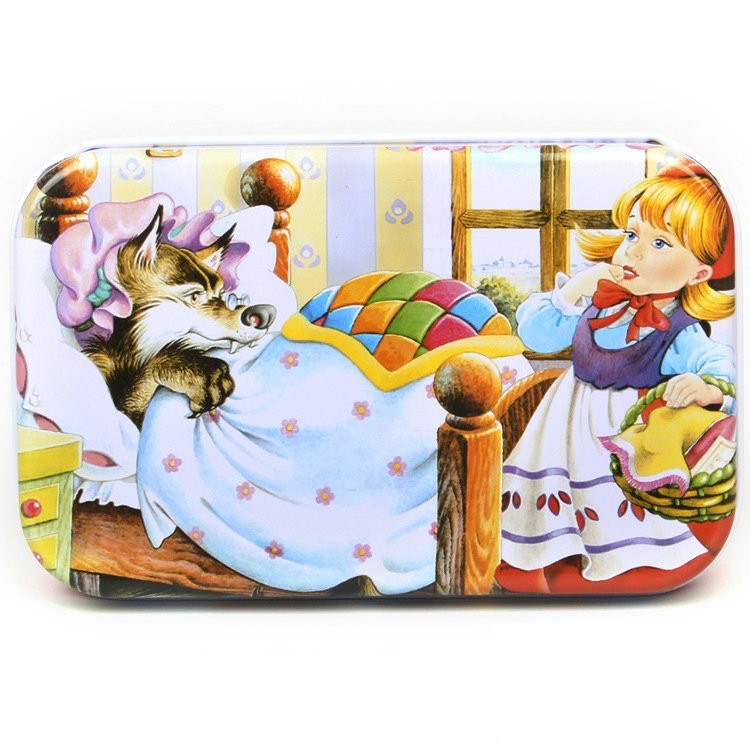 Puzzle 60 de Piese din Lemn in Cutie Metalica, Flippy, Model Scufita Rosie, Educativ, Dezvoltare Abilitati Cognitive, pentru Prescolari, 22.5x13.5 cm, Multicolor-0