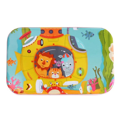Puzzle 60 de Piese din Lemn in Cutie Metalica, Flippy, Model Submarin, Educativ, Dezvoltare Abilitati Cognitive, pentru Prescolari, 22.5x13.5 cm, Multicolor-6