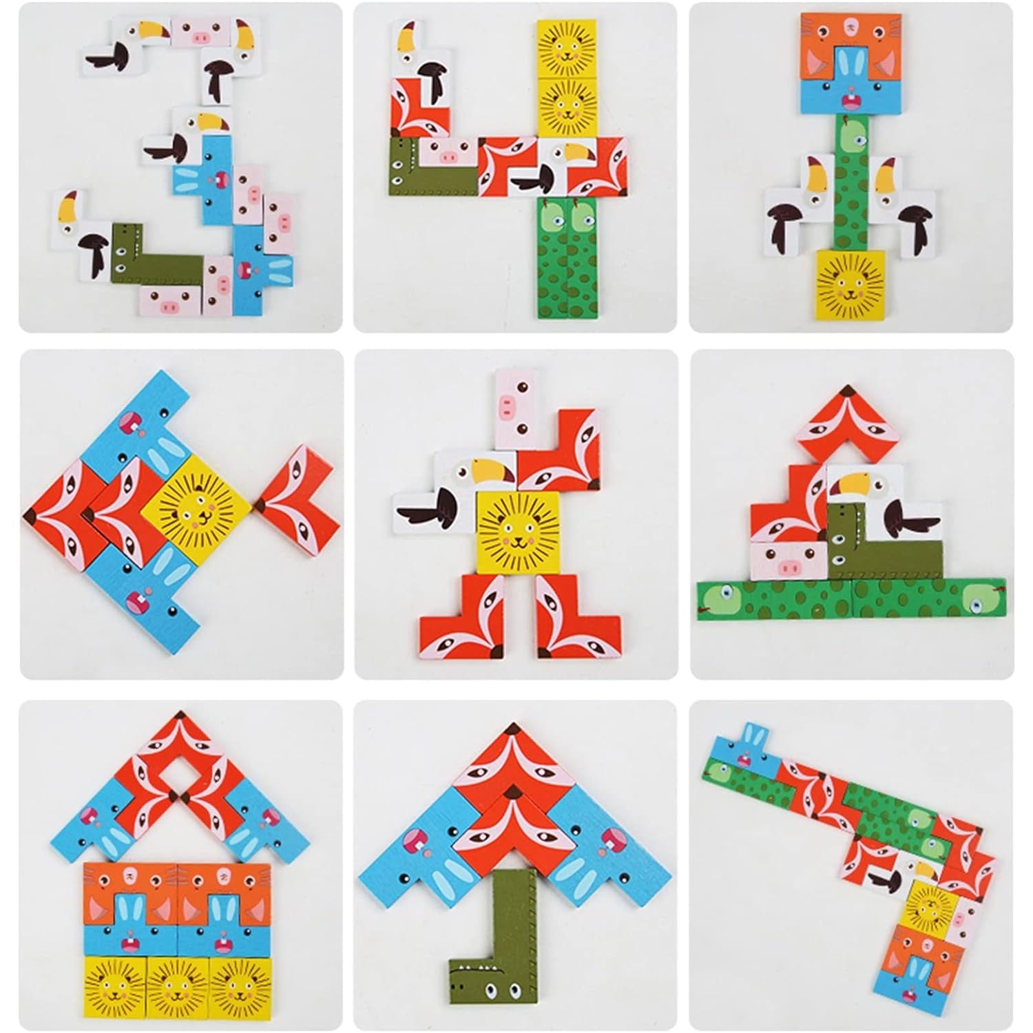 Puzzle din Lemn Flippy, Tip Tetris, +4 Ani, cu Animale Colorate 3D, 40 Piese, Multicolor-1