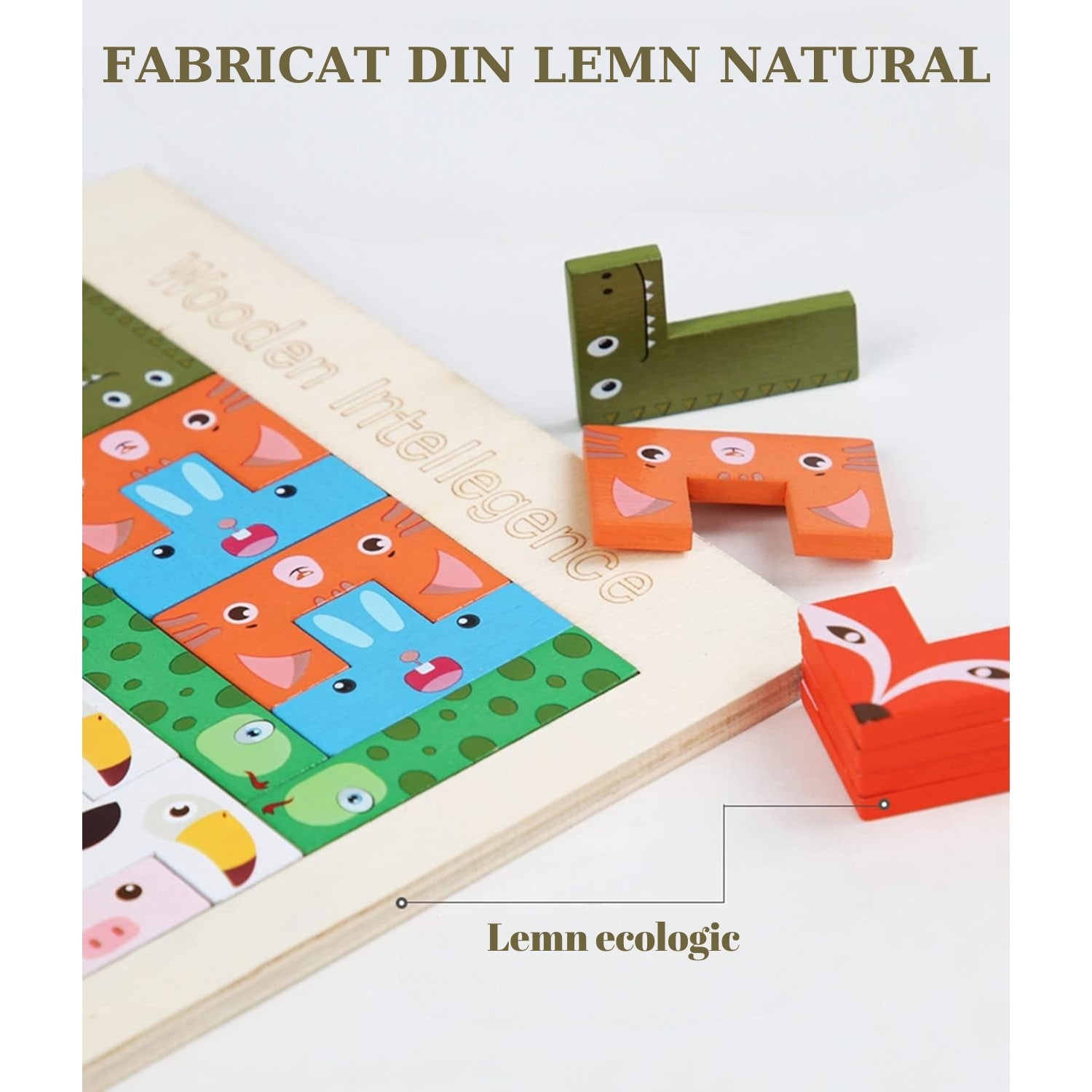 Puzzle din Lemn Flippy, Tip Tetris, +4 Ani, cu Animale Colorate 3D, 40 Piese, Multicolor-5