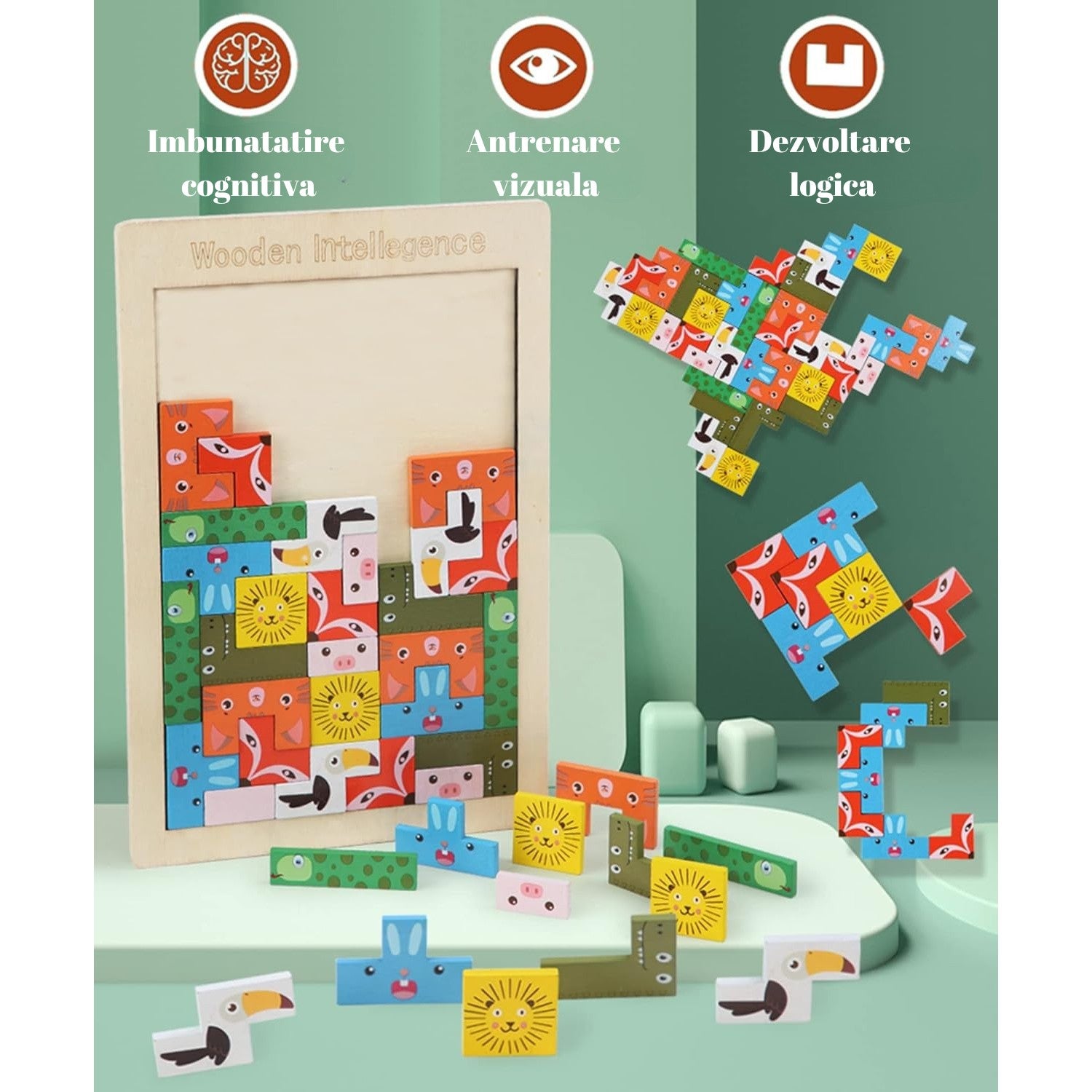Puzzle din Lemn Flippy, Tip Tetris, +4 Ani, cu Animale Colorate 3D, 40 Piese, Multicolor-6