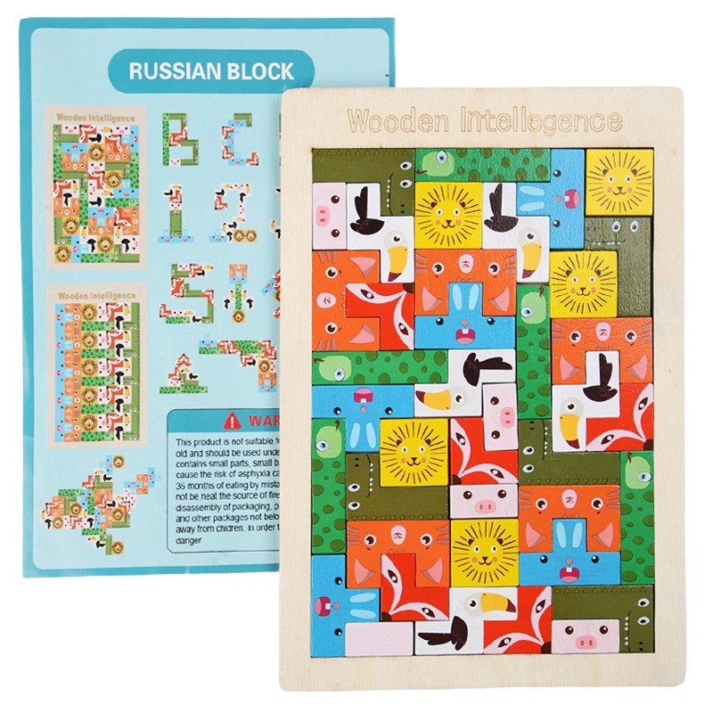 Puzzle din Lemn Flippy, Tip Tetris, +4 Ani, cu Animale Colorate 3D, 40 Piese, Multicolor-0
