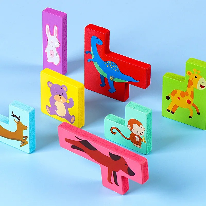 Puzzle din Lemn Flippy, Tip Tetris, +4 Ani, cu Animale Colorate 3D, 7 Piese, Multicolor-1