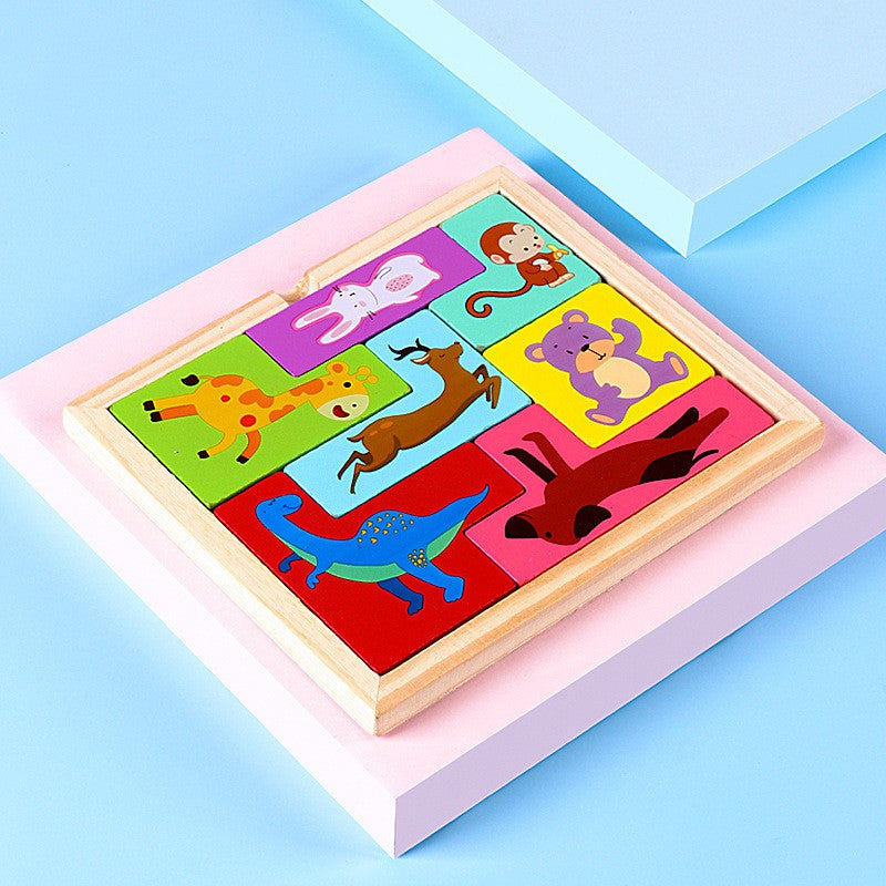 Puzzle din Lemn Flippy, Tip Tetris, +4 Ani, cu Animale Colorate 3D, 7 Piese, Multicolor-2