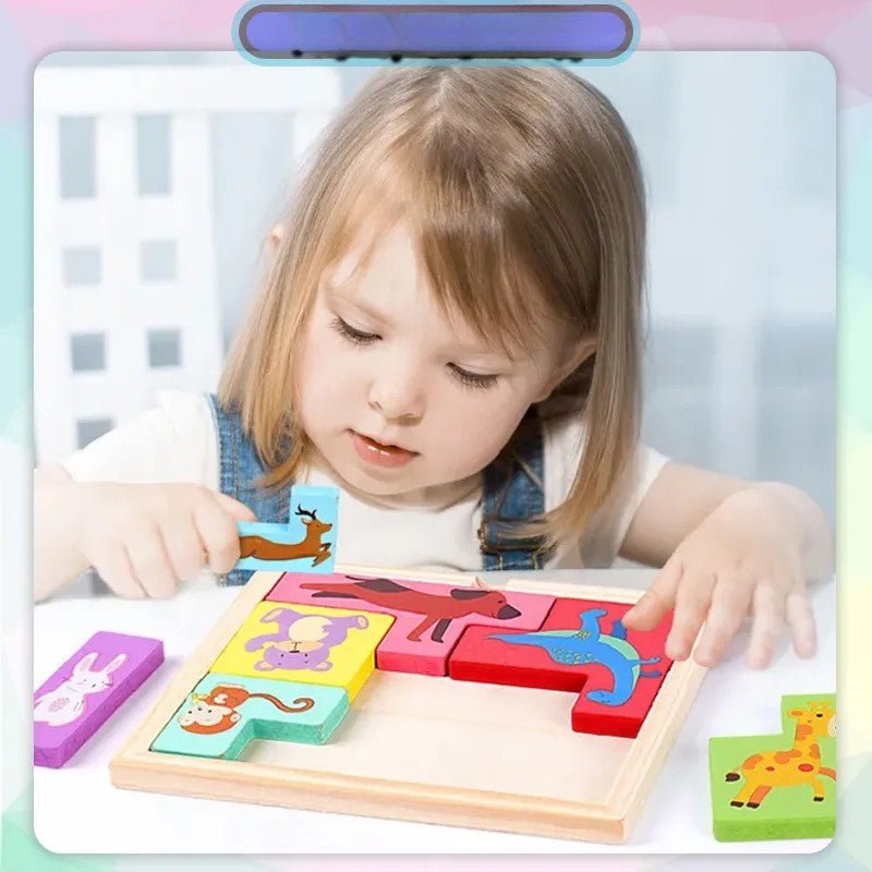 Puzzle din Lemn Flippy, Tip Tetris, +4 Ani, cu Animale Colorate 3D, 7 Piese, Multicolor-4