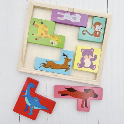 Puzzle din Lemn Flippy, Tip Tetris, +4 Ani, cu Animale Colorate 3D, 7 Piese, Multicolor-1