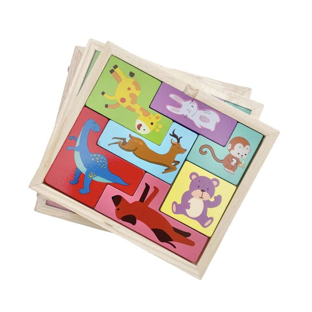 Puzzle din Lemn Flippy, Tip Tetris, +4 Ani, cu Animale Colorate 3D, 7 Piese, Multicolor-0