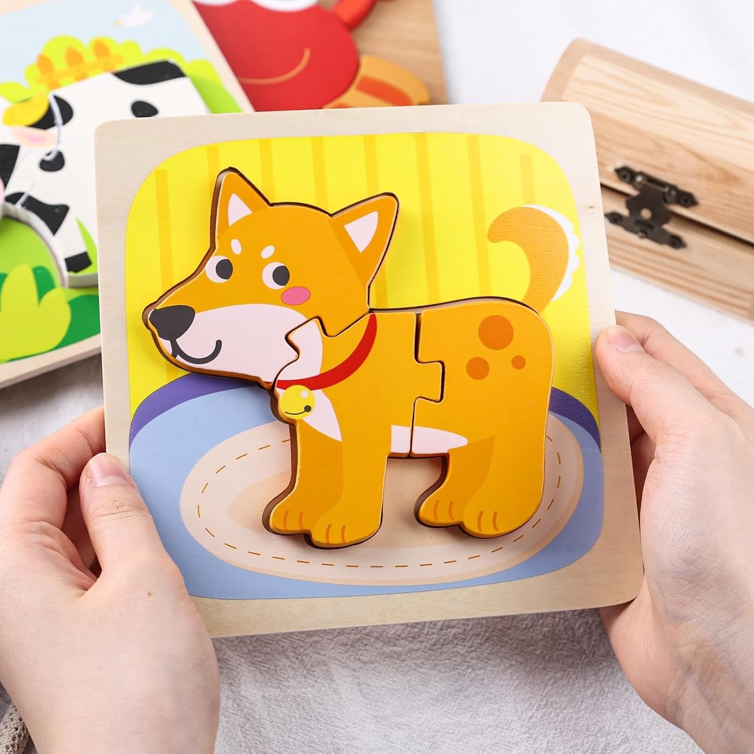 Puzzle Montessori din Lemn pentru Copii, Flippy, 3D, 0-3 Ani, Model Catel, Educativ, Intuitiv, Creativ, 3 Piese, 15x15x0.5 cm, Multicolor-2