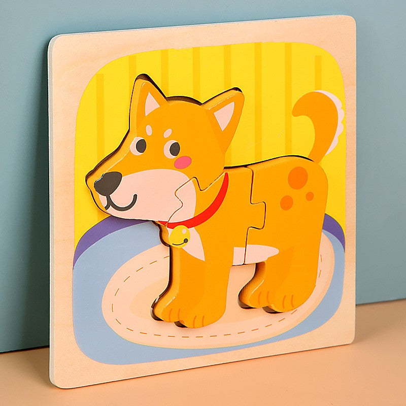 Puzzle Montessori din Lemn pentru Copii, Flippy, 3D, 0-3 Ani, Model Catel, Educativ, Intuitiv, Creativ, 3 Piese, 15x15x0.5 cm, Multicolor-3