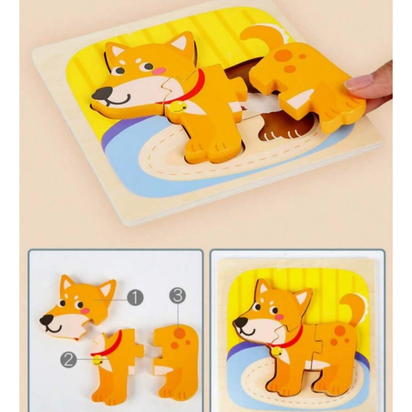 Puzzle Montessori din Lemn pentru Copii, Flippy, 3D, 0-3 Ani, Model Catel, Educativ, Intuitiv, Creativ, 3 Piese, 15x15x0.5 cm, Multicolor-8