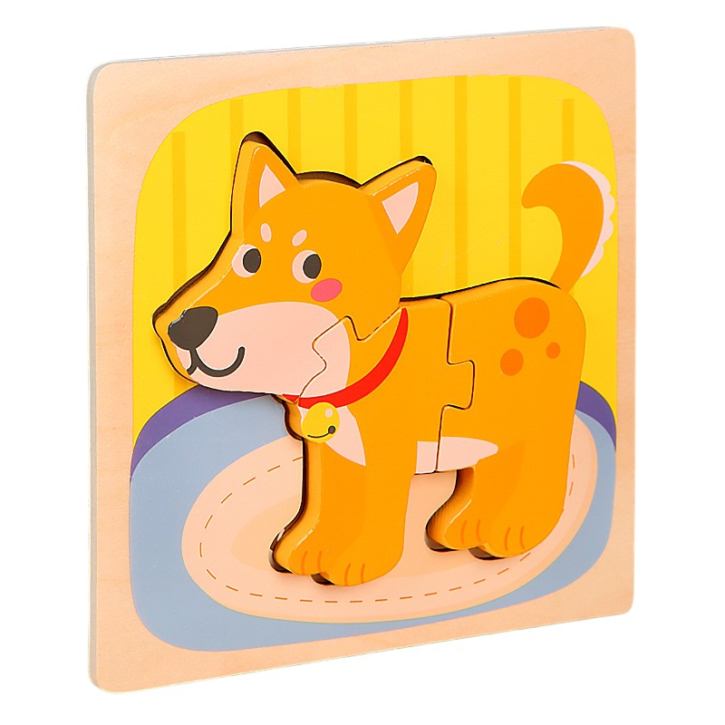 Puzzle Montessori din Lemn pentru Copii, Flippy, 3D, 0-3 Ani, Model Catel, Educativ, Intuitiv, Creativ, 3 Piese, 15x15x0.5 cm, Multicolor-0