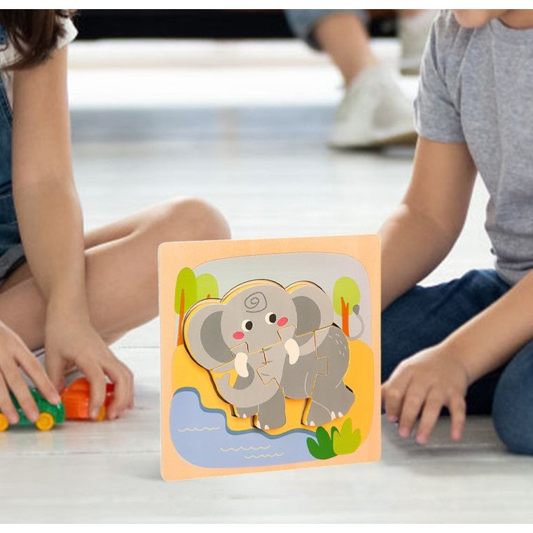 Puzzle Montessori din Lemn pentru Copii, Flippy, 3D, 0-3 Ani, Model Elefant, Educativ, Intuitiv, Creativ, 4 Piese, 15x15x0.5 cm, Multicolor-5