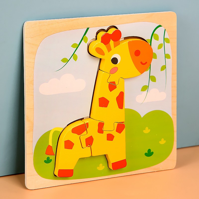 Puzzle Montessori din Lemn pentru Copii, Flippy, 3D, 0-3 Ani, Model Girafa, Educativ, Intuitiv, Creativ, 4 Piese, 15x15x0.5 cm, Multicolor-2