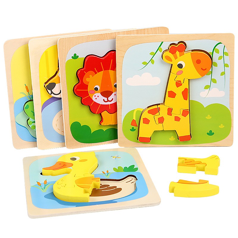 Puzzle Montessori din Lemn pentru Copii, Flippy, 3D, 0-3 Ani, Model Girafa, Educativ, Intuitiv, Creativ, 4 Piese, 15x15x0.5 cm, Multicolor-3