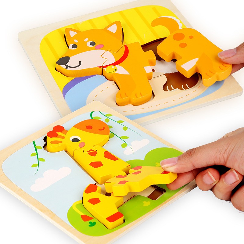 Puzzle Montessori din Lemn pentru Copii, Flippy, 3D, 0-3 Ani, Model Girafa, Educativ, Intuitiv, Creativ, 4 Piese, 15x15x0.5 cm, Multicolor-4
