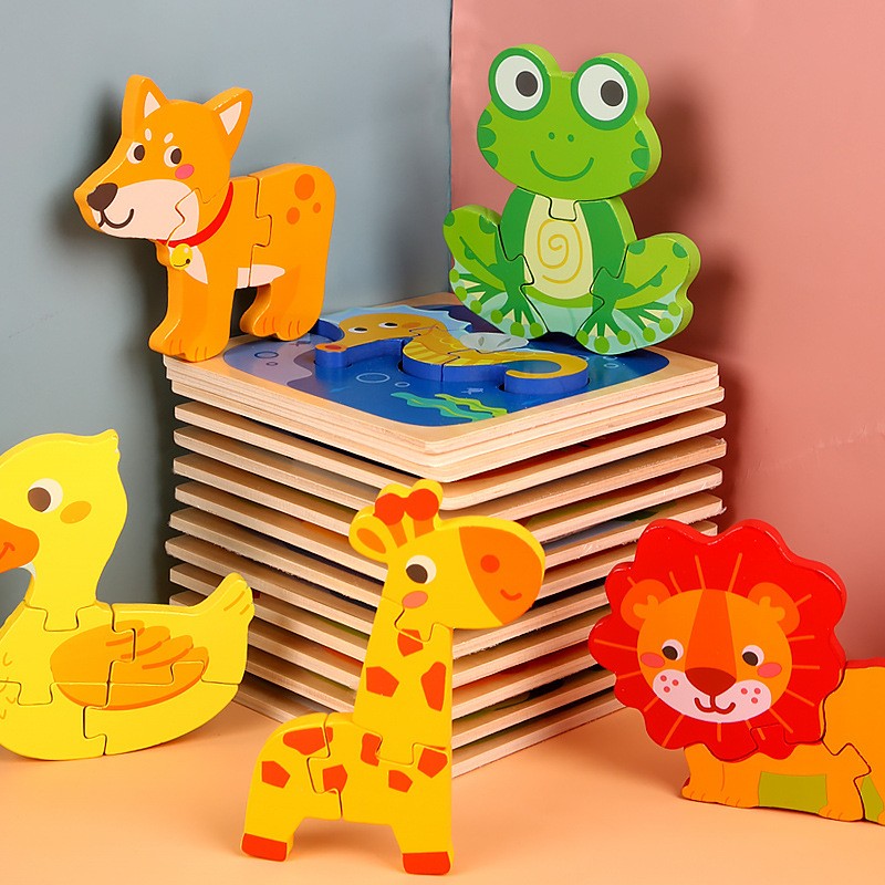 Puzzle Montessori din Lemn pentru Copii, Flippy, 3D, 0-3 Ani, Model Girafa, Educativ, Intuitiv, Creativ, 4 Piese, 15x15x0.5 cm, Multicolor-5