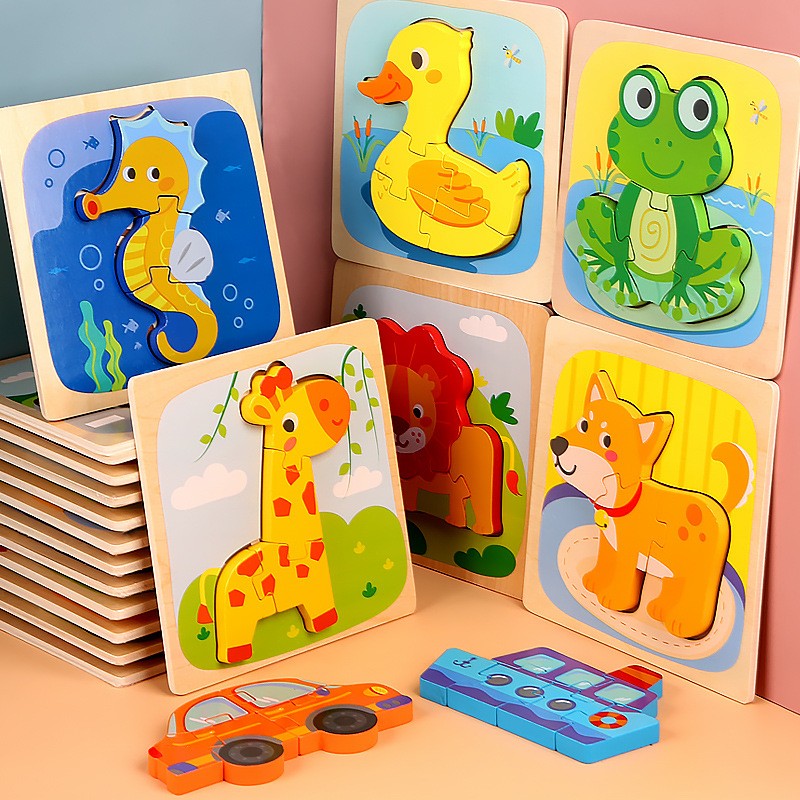 Puzzle Montessori din Lemn pentru Copii, Flippy, 3D, 0-3 Ani, Model Girafa, Educativ, Intuitiv, Creativ, 4 Piese, 15x15x0.5 cm, Multicolor-7