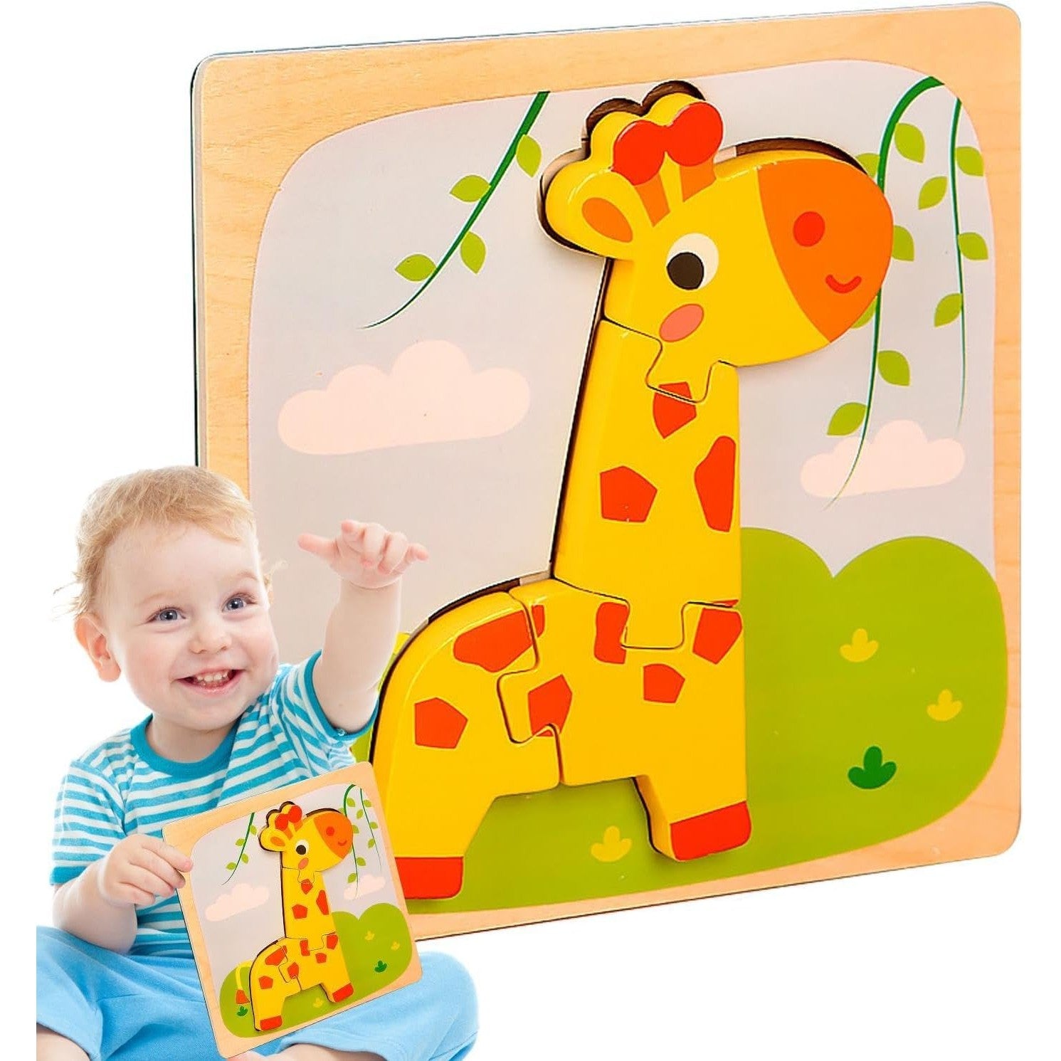 Puzzle Montessori din Lemn pentru Copii, Flippy, 3D, 0-3 Ani, Model Girafa, Educativ, Intuitiv, Creativ, 4 Piese, 15x15x0.5 cm, Multicolor-8