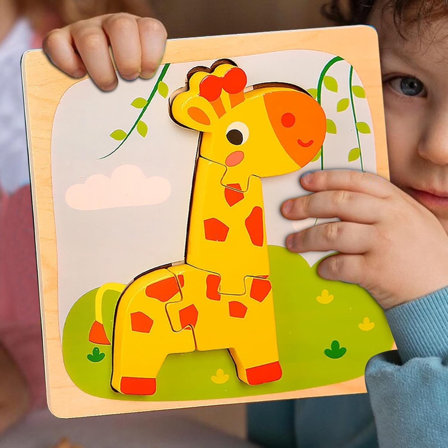 Puzzle Montessori din Lemn pentru Copii, Flippy, 3D, 0-3 Ani, Model Girafa, Educativ, Intuitiv, Creativ, 4 Piese, 15x15x0.5 cm, Multicolor-10