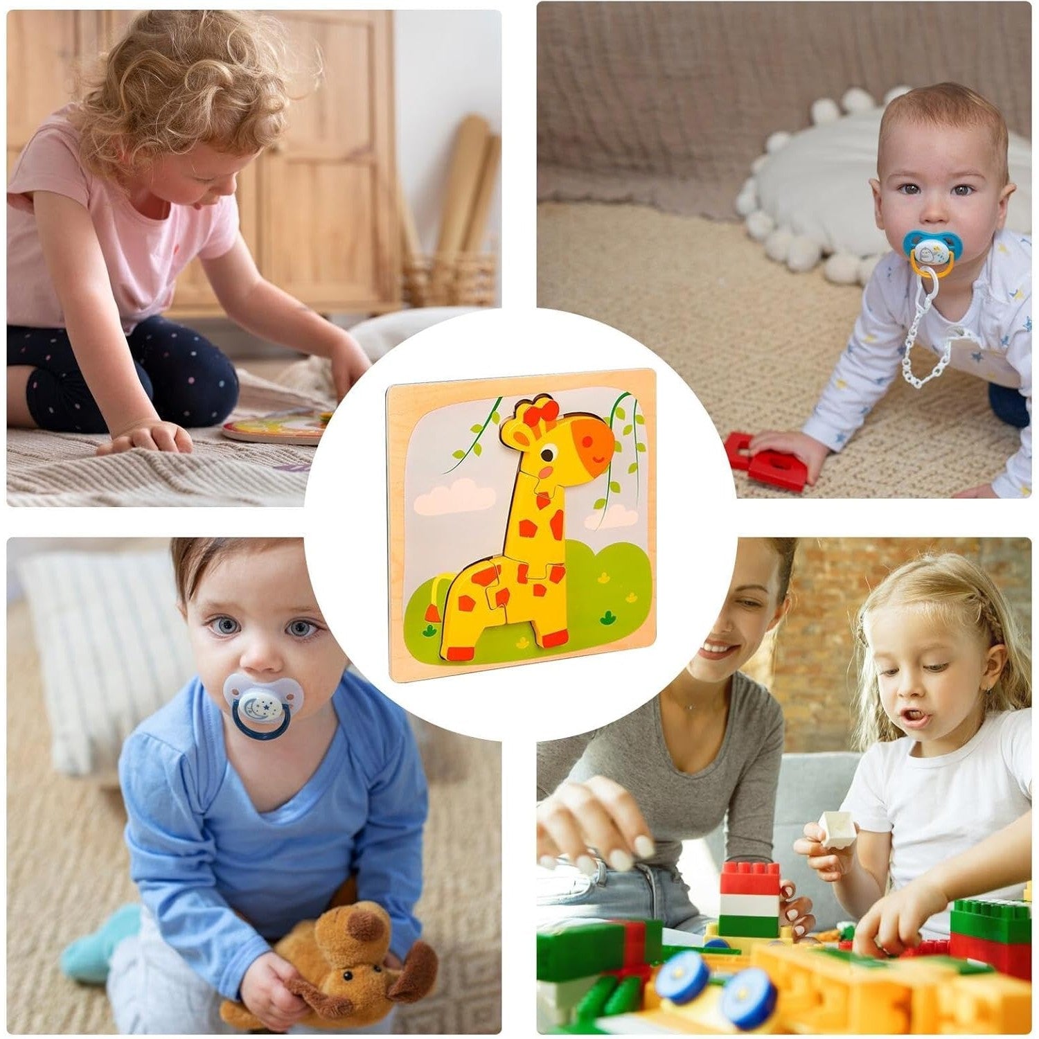Puzzle Montessori din Lemn pentru Copii, Flippy, 3D, 0-3 Ani, Model Girafa, Educativ, Intuitiv, Creativ, 4 Piese, 15x15x0.5 cm, Multicolor-12