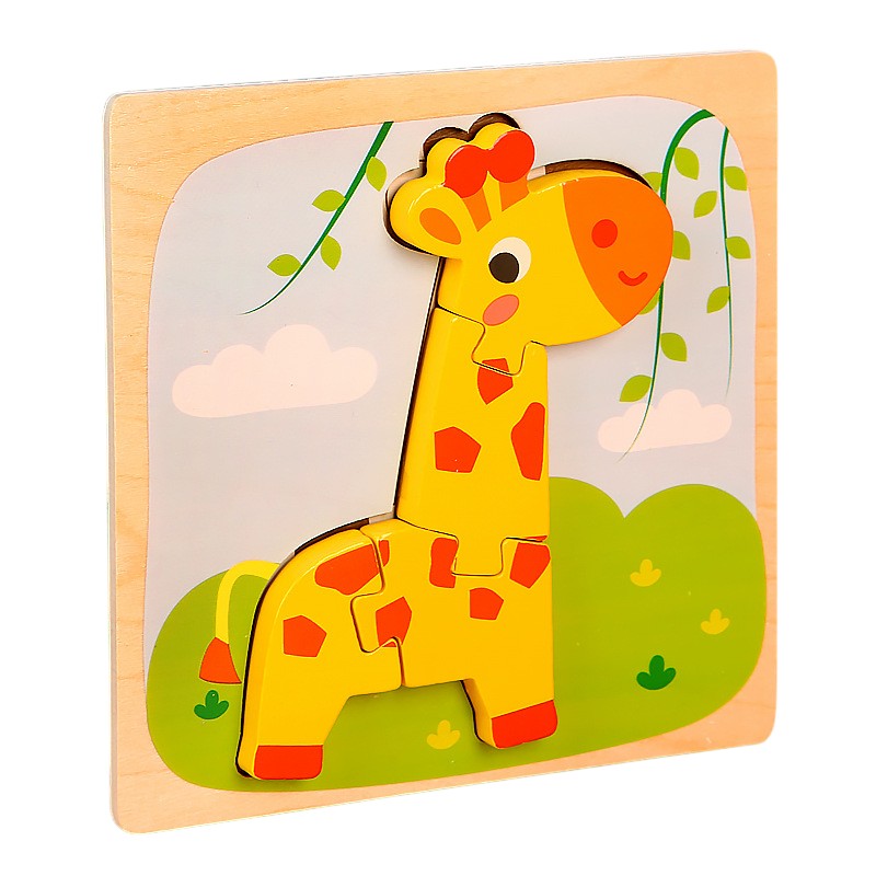 Puzzle Montessori din Lemn pentru Copii, Flippy, 3D, 0-3 Ani, Model Girafa, Educativ, Intuitiv, Creativ, 4 Piese, 15x15x0.5 cm, Multicolor-0