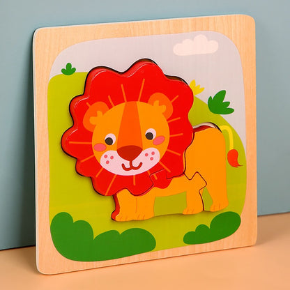 Puzzle Montessori din Lemn pentru Copii, Flippy, 3D, 0-3 Ani, Model Leu, Educativ, Intuitiv, Creativ, 3 Piese, 15x15x0.5 cm, Multicolor-2