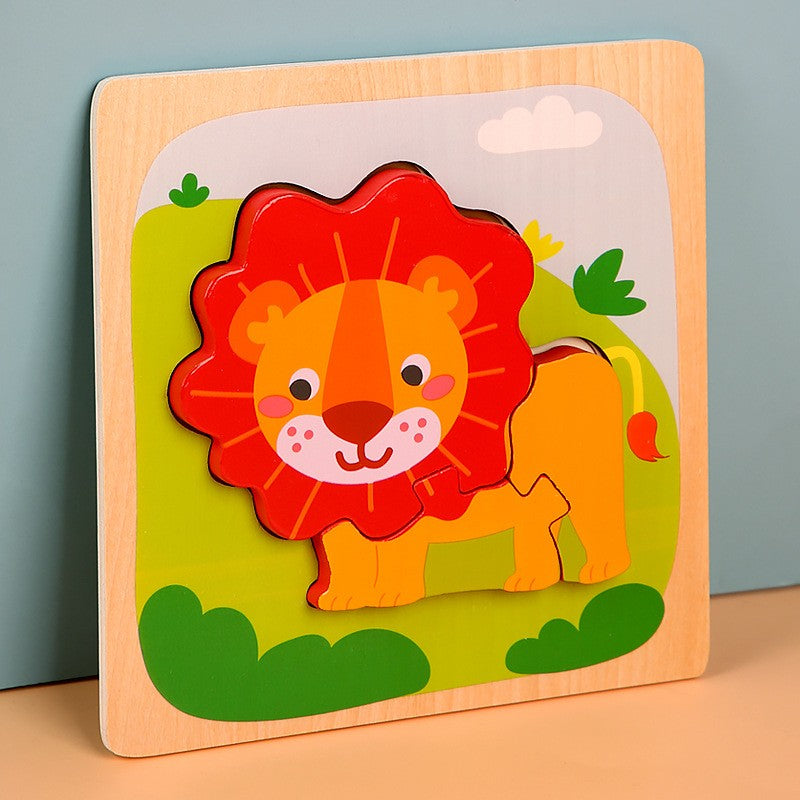 Puzzle Montessori din Lemn pentru Copii, Flippy, 3D, 0-3 Ani, Model Leu, Educativ, Intuitiv, Creativ, 3 Piese, 15x15x0.5 cm, Multicolor-2
