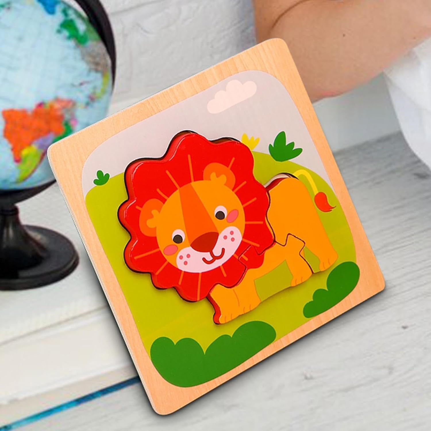 Puzzle Montessori din Lemn pentru Copii, Flippy, 3D, 0-3 Ani, Model Leu, Educativ, Intuitiv, Creativ, 3 Piese, 15x15x0.5 cm, Multicolor-3
