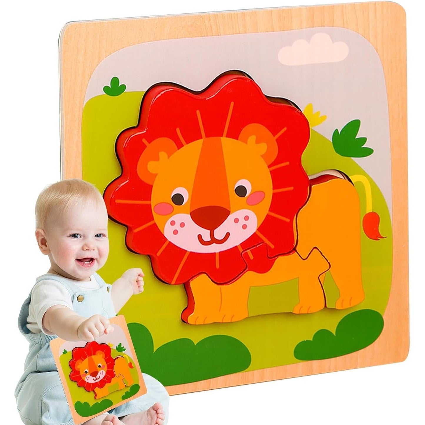 Puzzle Montessori din Lemn pentru Copii, Flippy, 3D, 0-3 Ani, Model Leu, Educativ, Intuitiv, Creativ, 3 Piese, 15x15x0.5 cm, Multicolor-4