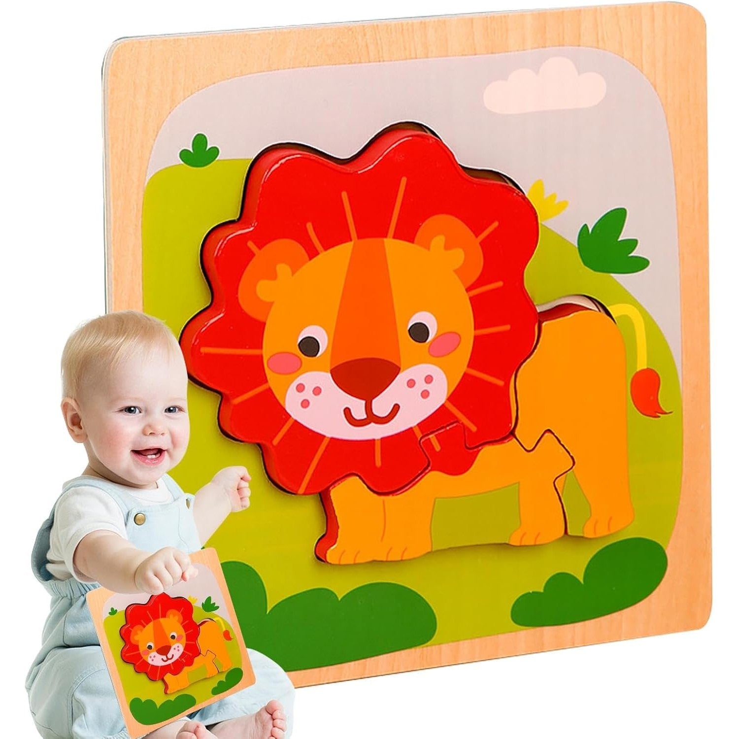 Puzzle Montessori din Lemn pentru Copii, Flippy, 3D, 0-3 Ani, Model Leu, Educativ, Intuitiv, Creativ, 3 Piese, 15x15x0.5 cm, Multicolor-4