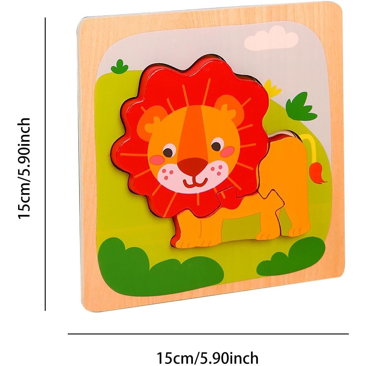 Puzzle Montessori din Lemn pentru Copii, Flippy, 3D, 0-3 Ani, Model Leu, Educativ, Intuitiv, Creativ, 3 Piese, 15x15x0.5 cm, Multicolor-5