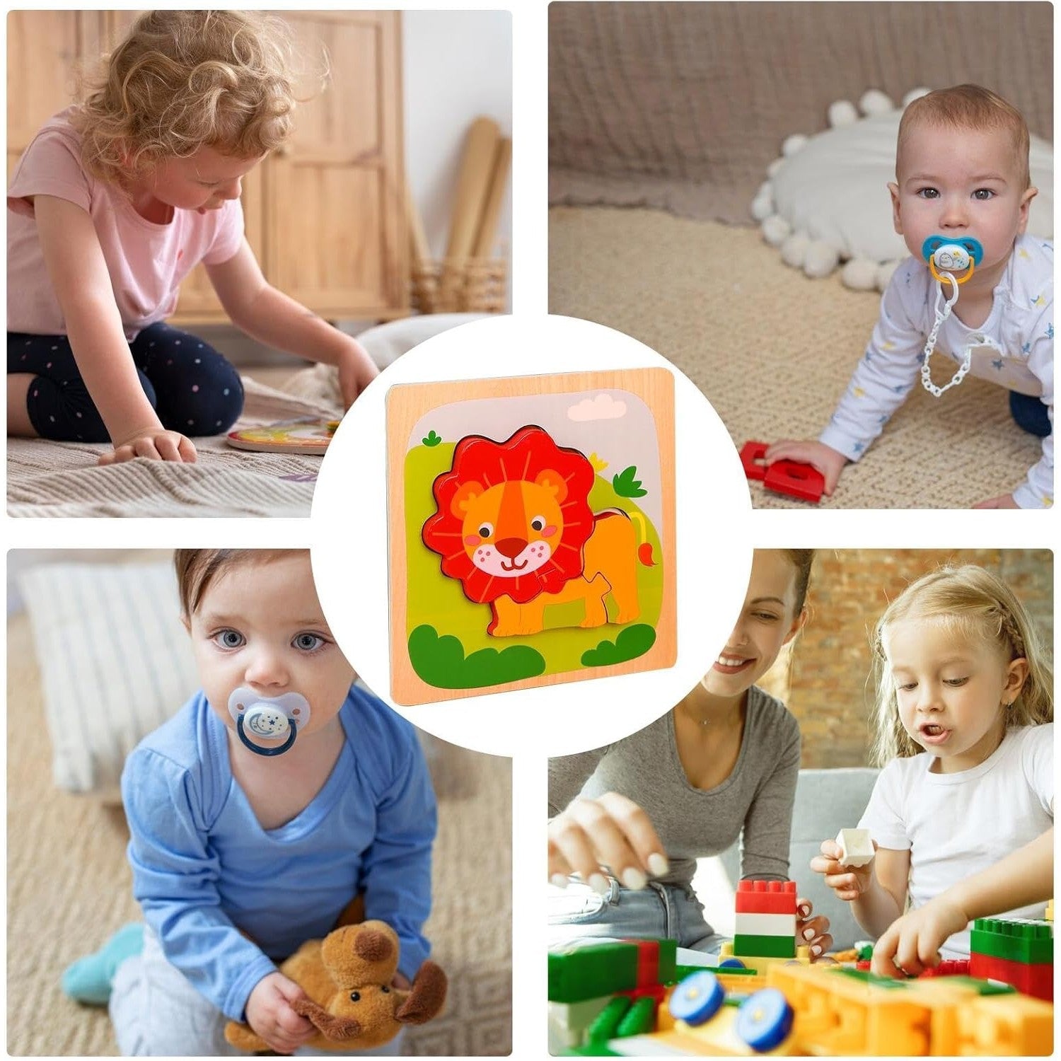 Puzzle Montessori din Lemn pentru Copii, Flippy, 3D, 0-3 Ani, Model Leu, Educativ, Intuitiv, Creativ, 3 Piese, 15x15x0.5 cm, Multicolor-6