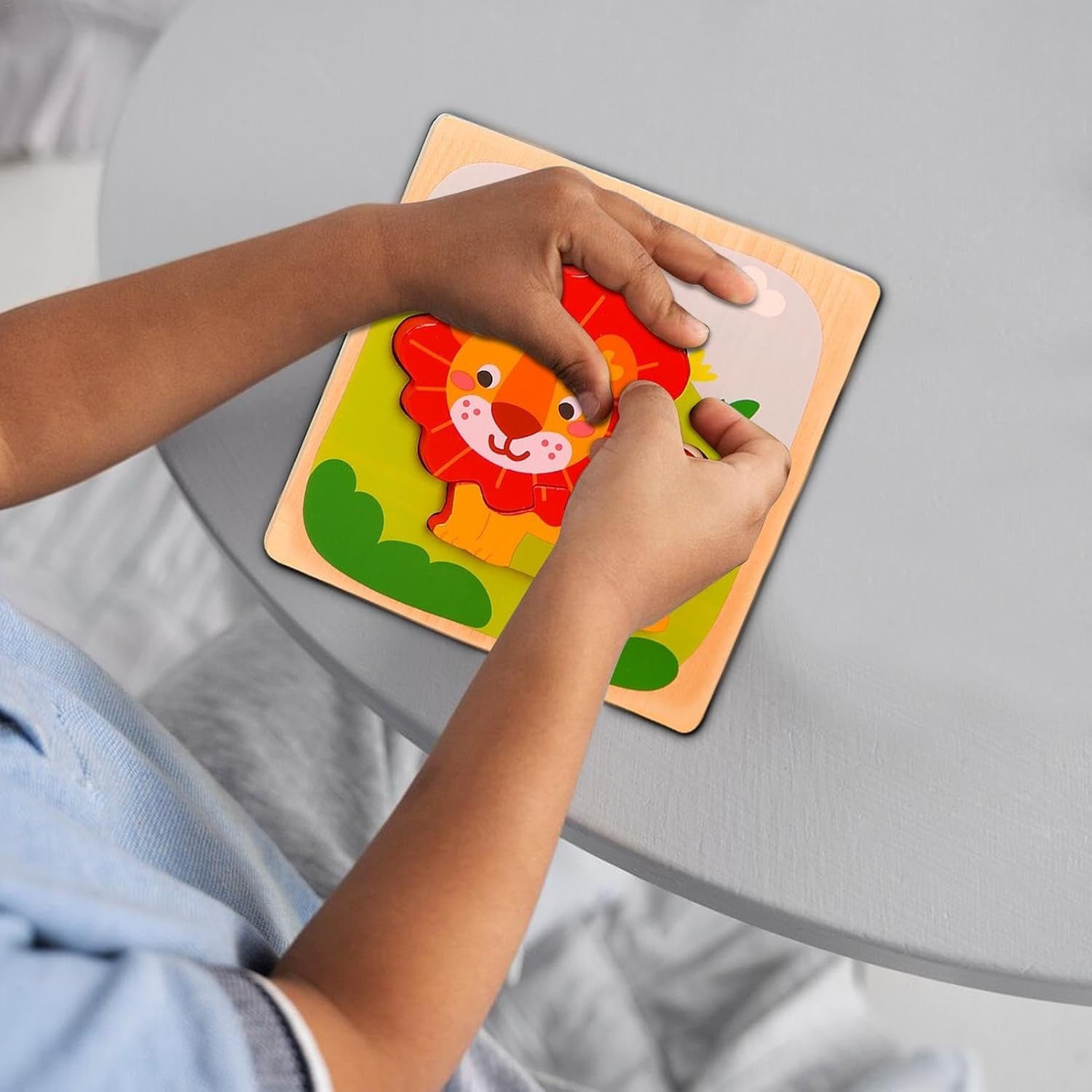 Puzzle Montessori din Lemn pentru Copii, Flippy, 3D, 0-3 Ani, Model Leu, Educativ, Intuitiv, Creativ, 3 Piese, 15x15x0.5 cm, Multicolor-7