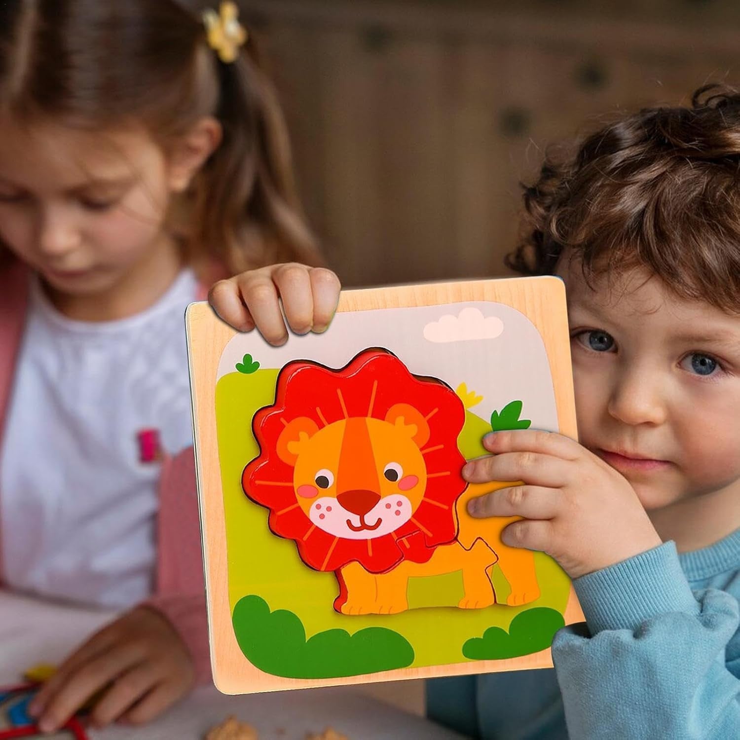 Puzzle Montessori din Lemn pentru Copii, Flippy, 3D, 0-3 Ani, Model Leu, Educativ, Intuitiv, Creativ, 3 Piese, 15x15x0.5 cm, Multicolor-8