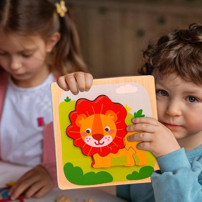 Puzzle Montessori din Lemn pentru Copii, Flippy, 3D, 0-3 Ani, Model Leu, Educativ, Intuitiv, Creativ, 3 Piese, 15x15x0.5 cm, Multicolor-8