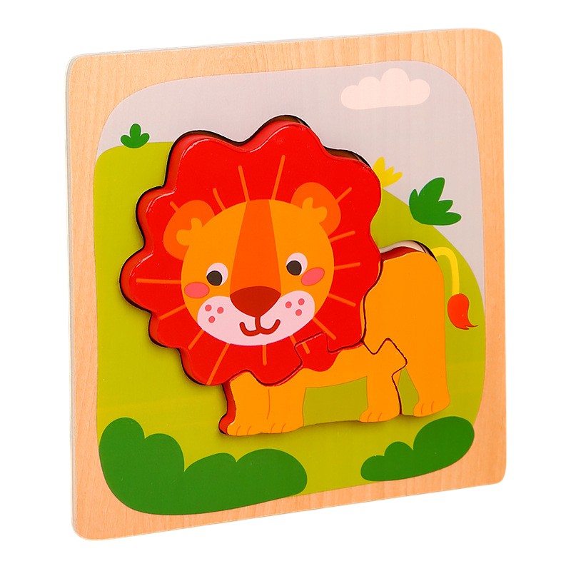 Puzzle Montessori din Lemn pentru Copii, Flippy, 3D, 0-3 Ani, Model Leu, Educativ, Intuitiv, Creativ, 3 Piese, 15x15x0.5 cm, Multicolor-0