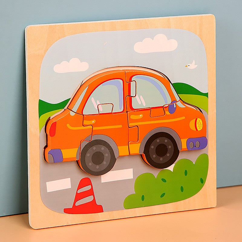 Puzzle Montessori din Lemn pentru Copii, Flippy, 3D, 0-3 Ani, Model Masina, Educativ, Intuitiv, Creativ, 5 Piese, 15x15x0.5 cm, Multicolor-2