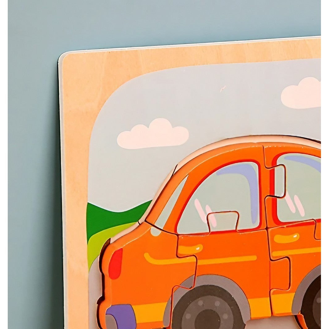 Puzzle Montessori din Lemn pentru Copii, Flippy, 3D, 0-3 Ani, Model Masina, Educativ, Intuitiv, Creativ, 5 Piese, 15x15x0.5 cm, Multicolor-3