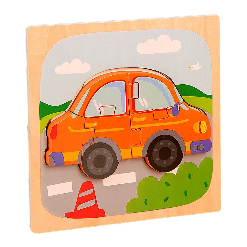 Puzzle Montessori din Lemn pentru Copii, Flippy, 3D, 0-3 Ani, Model Masina, Educativ, Intuitiv, Creativ, 5 Piese, 15x15x0.5 cm, Multicolor-0