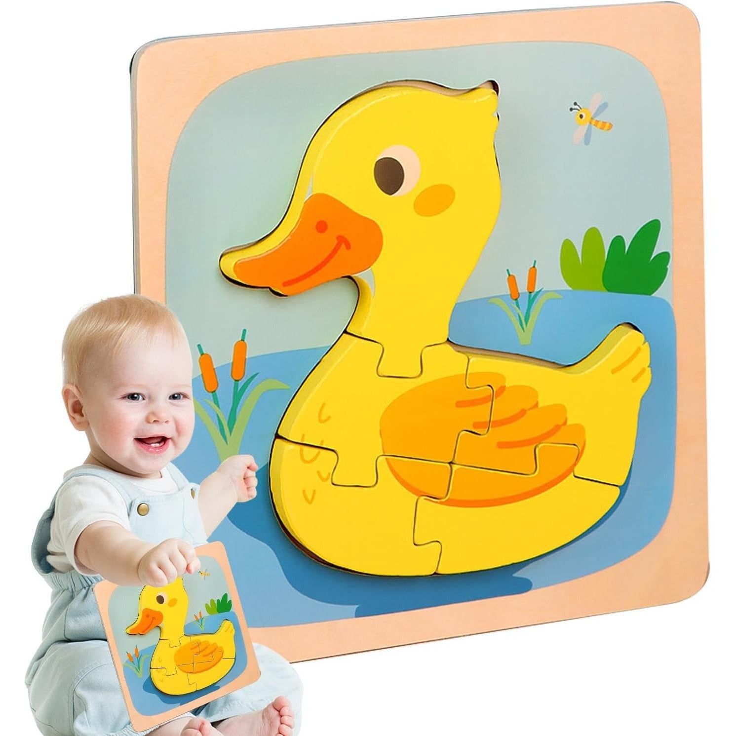 Puzzle Montessori din Lemn pentru Copii, Flippy, 3D, 0-3 Ani, Model Ratusca, Educativ, Intuitiv, Creativ, 5 Piese, 15x15x0.5 cm, Multicolor-3