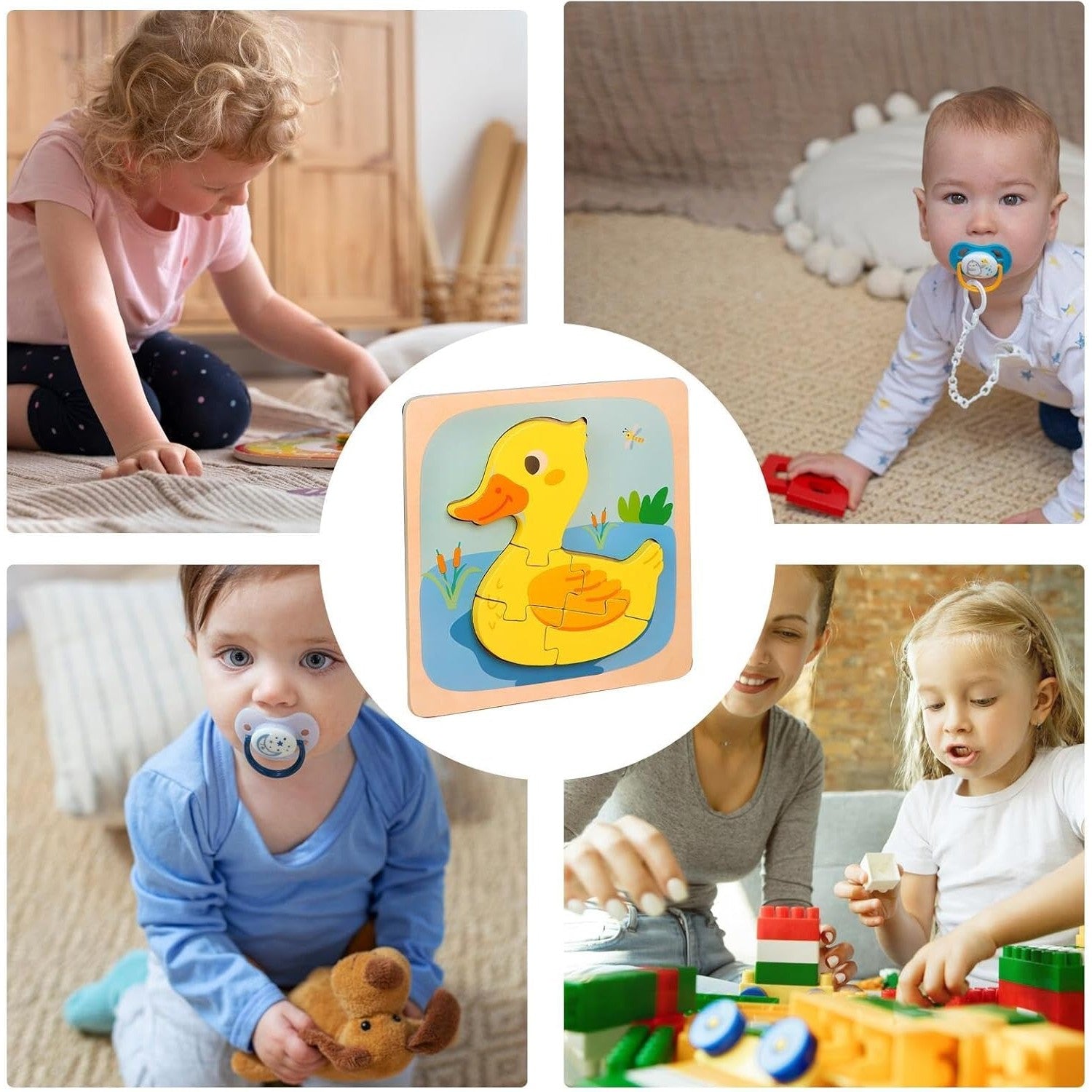 Puzzle Montessori din Lemn pentru Copii, Flippy, 3D, 0-3 Ani, Model Ratusca, Educativ, Intuitiv, Creativ, 5 Piese, 15x15x0.5 cm, Multicolor-6