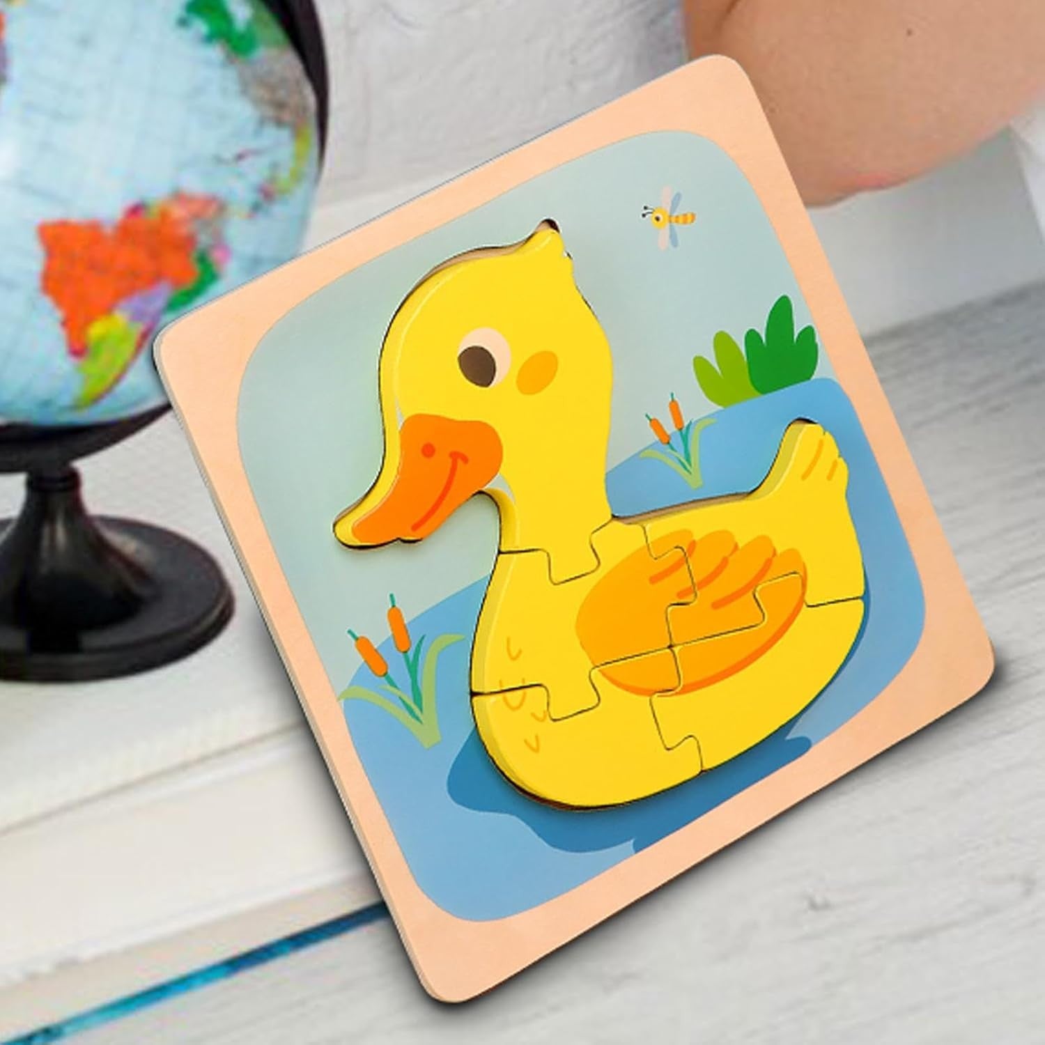 Puzzle Montessori din Lemn pentru Copii, Flippy, 3D, 0-3 Ani, Model Ratusca, Educativ, Intuitiv, Creativ, 5 Piese, 15x15x0.5 cm, Multicolor-7