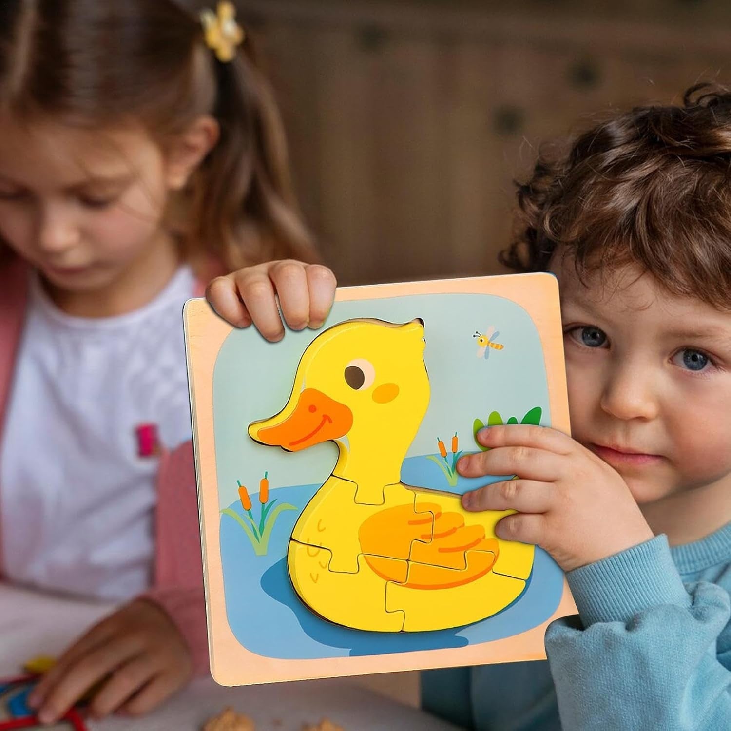 Puzzle Montessori din Lemn pentru Copii, Flippy, 3D, 0-3 Ani, Model Ratusca, Educativ, Intuitiv, Creativ, 5 Piese, 15x15x0.5 cm, Multicolor-8