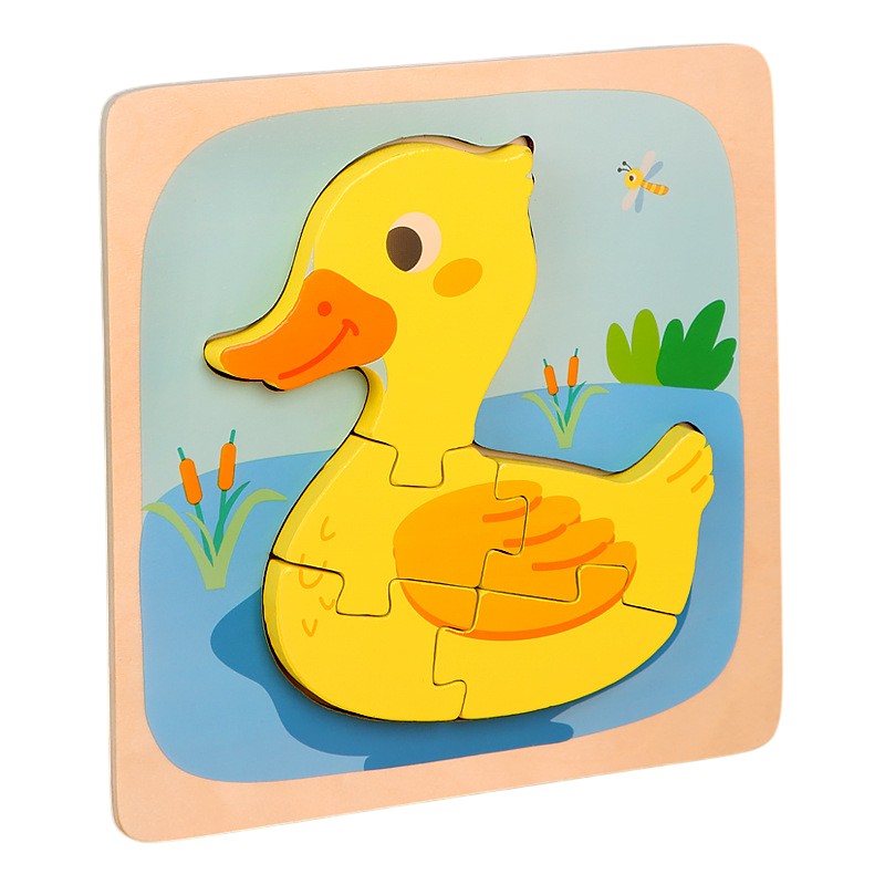 Puzzle Montessori din Lemn pentru Copii, Flippy, 3D, 0-3 Ani, Model Ratusca, Educativ, Intuitiv, Creativ, 5 Piese, 15x15x0.5 cm, Multicolor-0