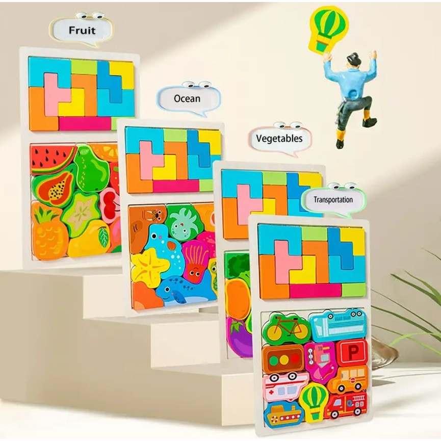 Puzzle Montessori din Lemn pentru Copii, Flippy, Tip Tetris 2in1 +3 Ani, cu Animale Marine Colorate 3D, Educativ, Intuitiv, Creativ, 21 de Piese, 28.5x17x1.2 cm, Multicolor-2
