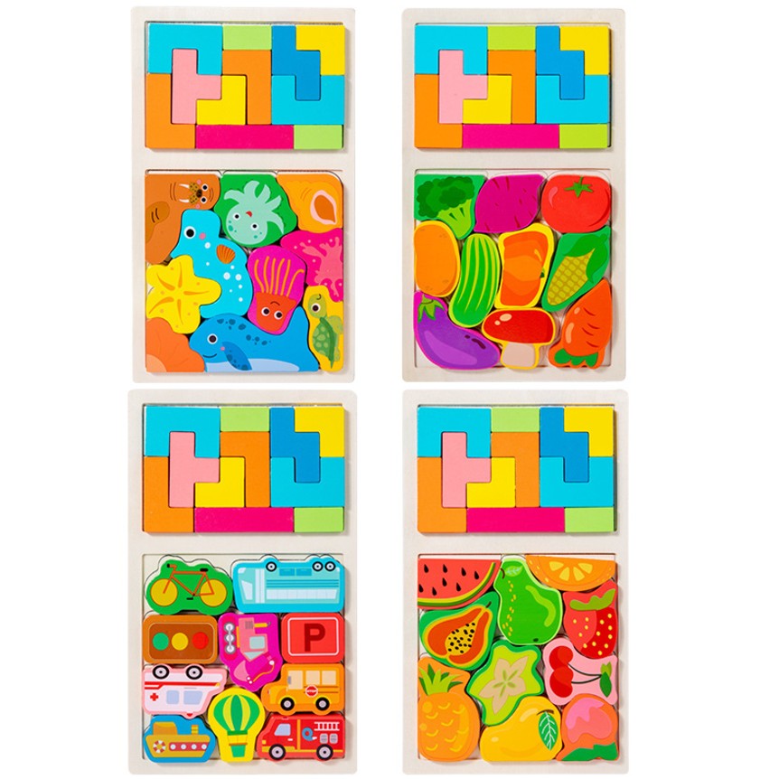 Puzzle Montessori din Lemn pentru Copii, Flippy, Tip Tetris 2in1 +3 Ani, cu Animale Marine Colorate 3D, Educativ, Intuitiv, Creativ, 21 de Piese, 28.5x17x1.2 cm, Multicolor-3