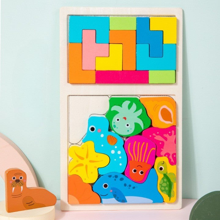 Puzzle Montessori din Lemn pentru Copii, Flippy, Tip Tetris 2in1 +3 Ani, cu Animale Marine Colorate 3D, Educativ, Intuitiv, Creativ, 21 de Piese, 28.5x17x1.2 cm, Multicolor-4