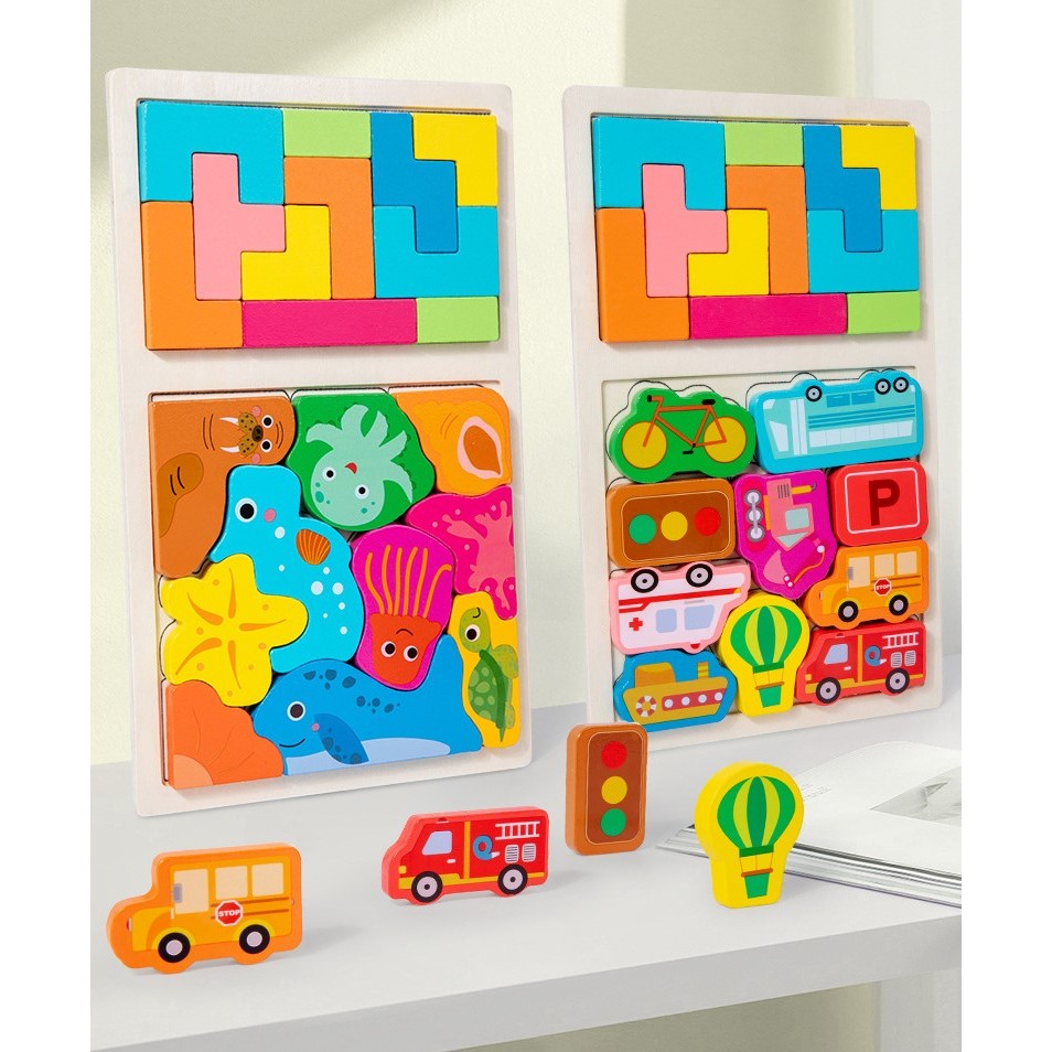 Puzzle Montessori din Lemn pentru Copii, Flippy, Tip Tetris 2in1 +3 Ani, cu Animale Marine Colorate 3D, Educativ, Intuitiv, Creativ, 21 de Piese, 28.5x17x1.2 cm, Multicolor-5