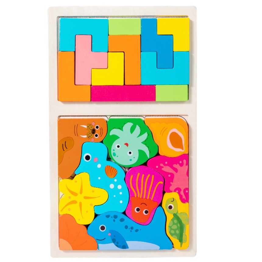 Puzzle Montessori din Lemn pentru Copii, Flippy, Tip Tetris 2in1 +3 Ani, cu Animale Marine Colorate 3D, Educativ, Intuitiv, Creativ, 21 de Piese, 28.5x17x1.2 cm, Multicolor-0