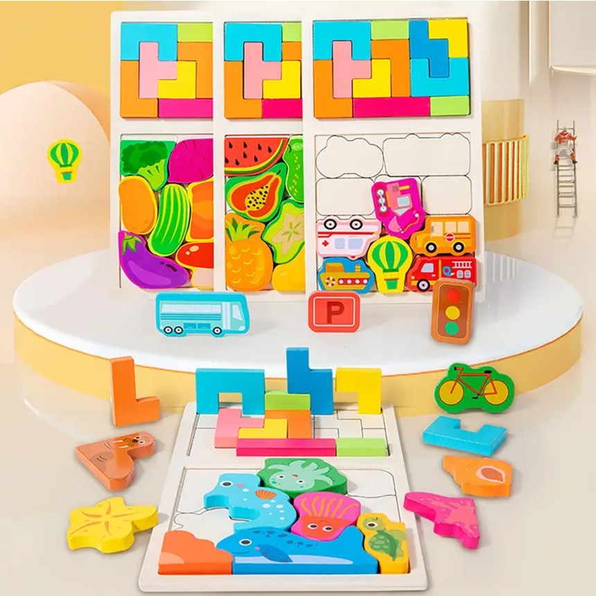 Puzzle Montessori din Lemn pentru Copii, Flippy, Tip Tetris 2in1 +3 Ani, cu Fructe Colorate 3D, Educativ, Intuitiv, Creativ, 21 de Piese, 28.5x17x1.2 cm, Multicolor-2